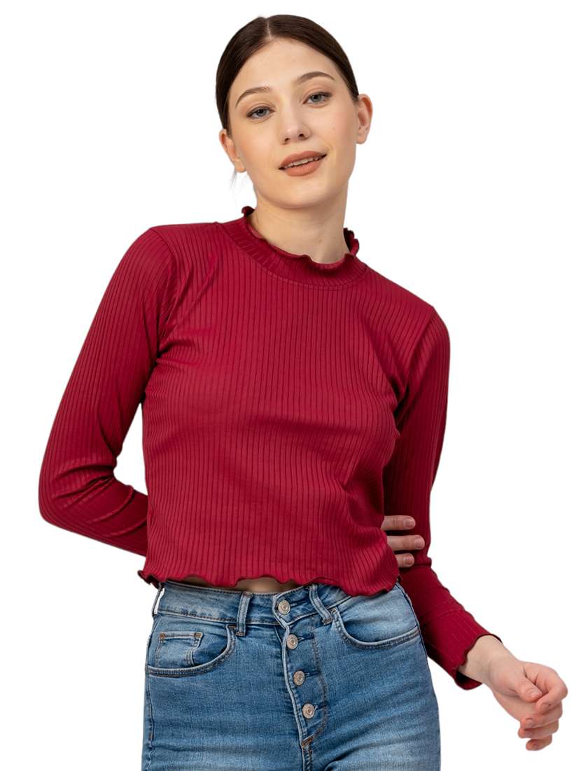 women solid long sleeves crop top - 21452595 -  Zoom Image - 0