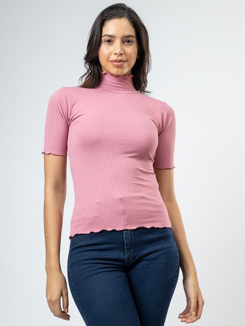 women solid high neck short sleeves crop top - 21452600 -  Standard Image - 0