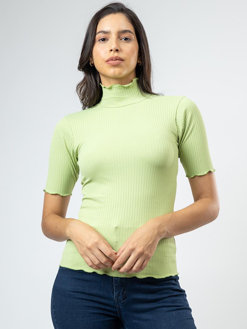 women solid high neck short sleeves crop top - 21452602 - Zoom Image - 0