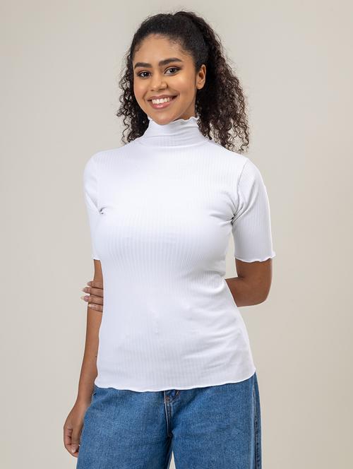 women solid high neck short sleeves crop top - 21452603 - Standard Image - 0