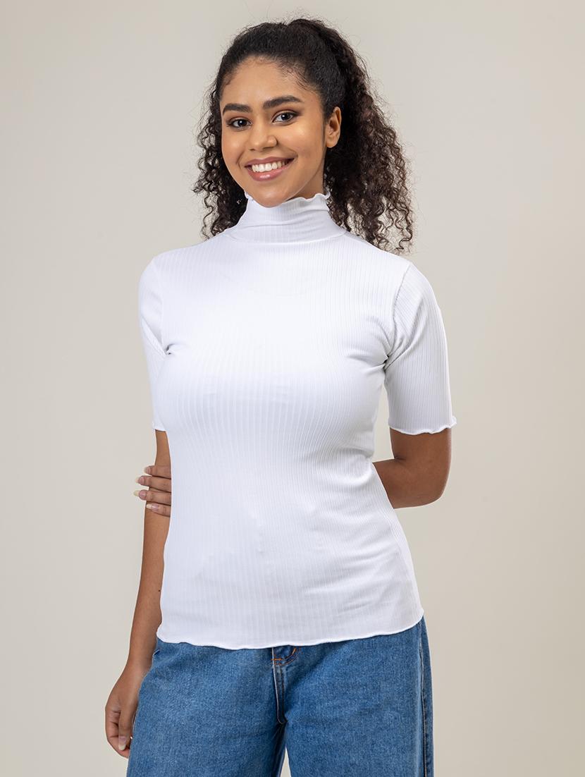 women solid high neck short sleeves crop top - 21452603 - Zoom Image - 0