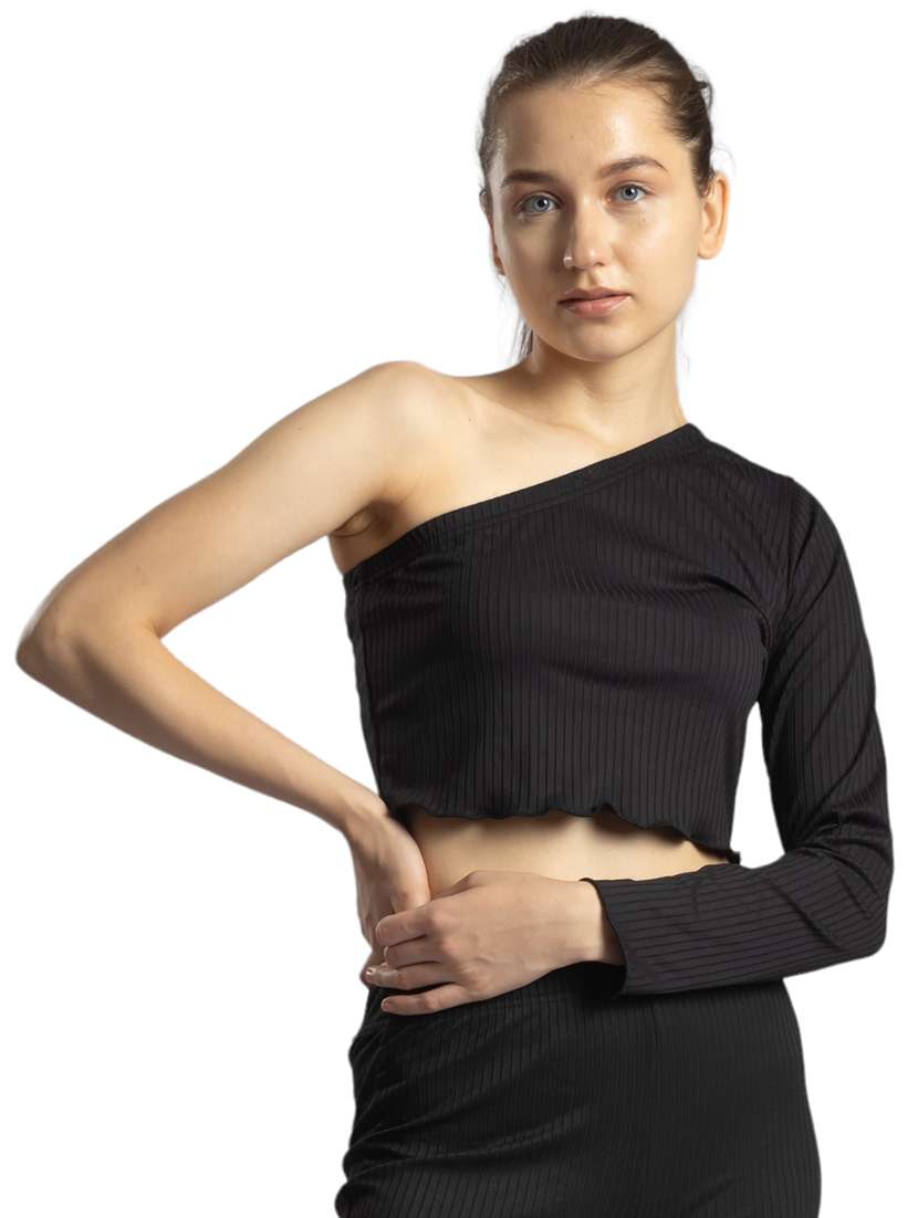 women solid single shoulder crop top