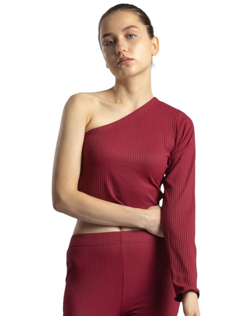 women solid single shoulder crop top