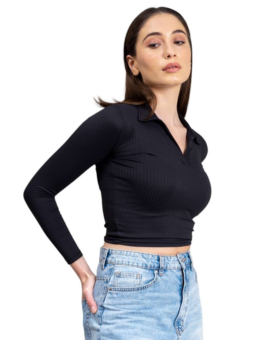 women solid collared long sleeves crop top - 21452627 -  Standard Image - 2