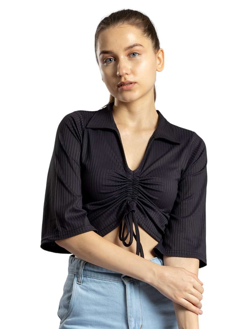 women solid collared ruched crop top