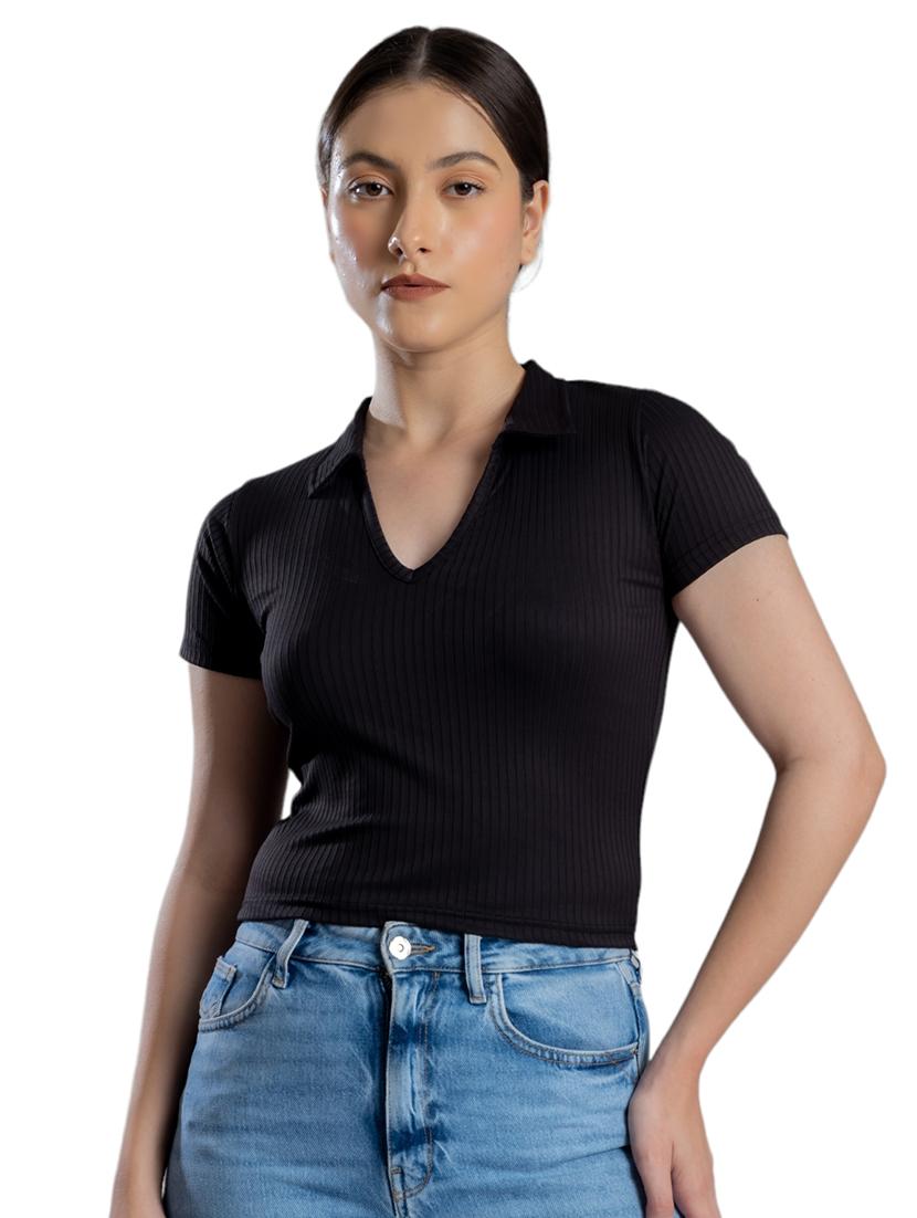 women solid collared crop top - 21452651 - Zoom Image - 0