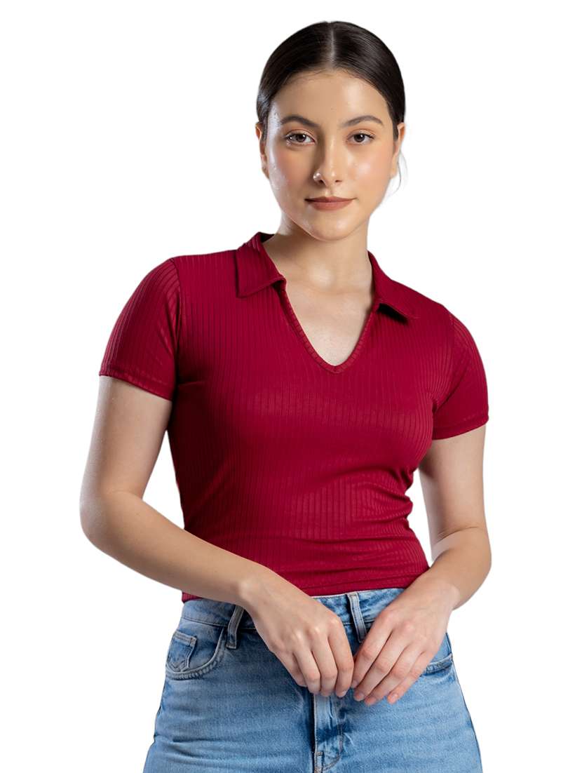 women solid collared crop top