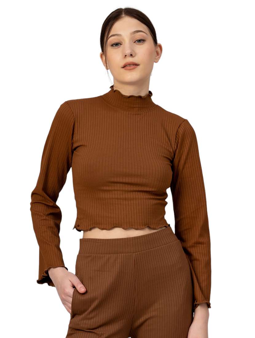 women solid high neck long sleeves top
