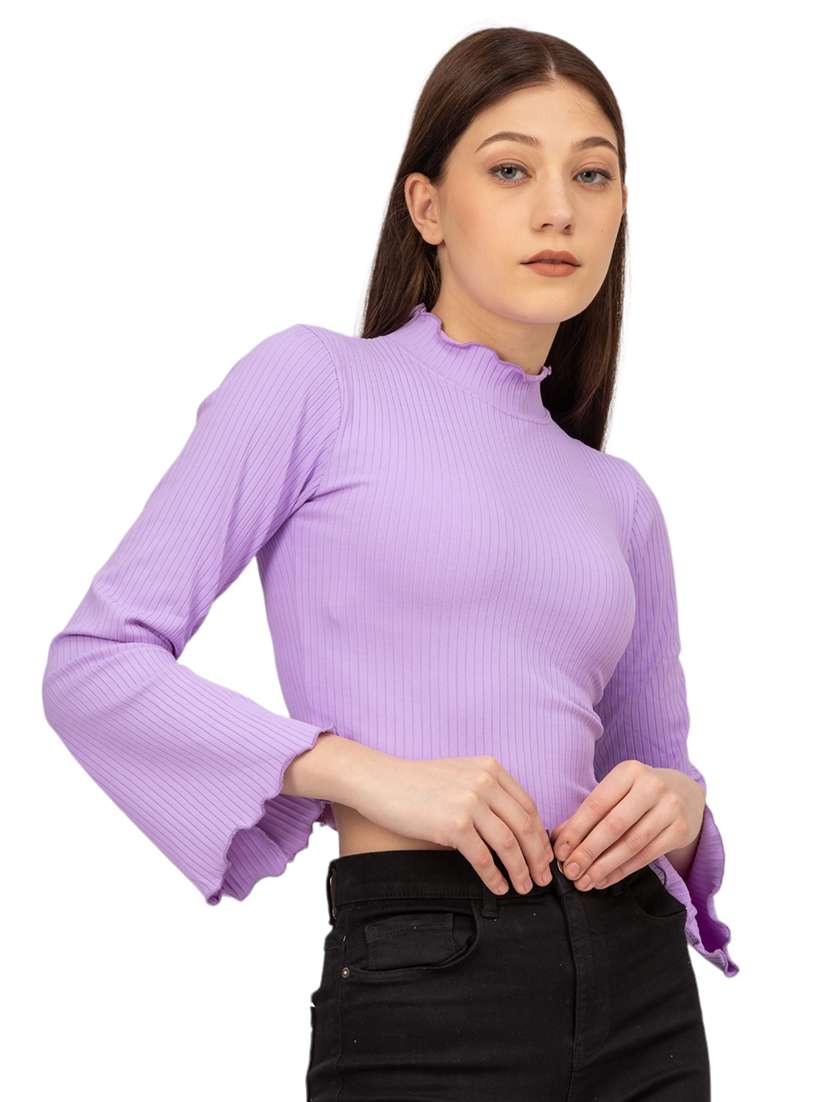 women solid high neck bell sleeves crop top - 21452697 -  Zoom Image - 0