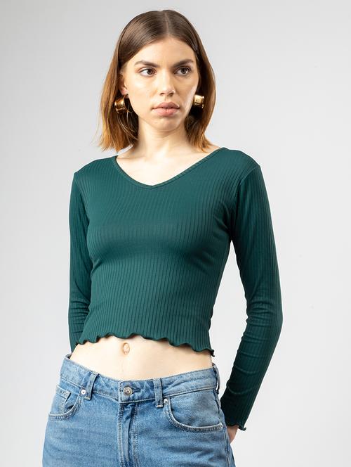 women solid long sleeves crop top - 21452719 -  Standard Image - 0
