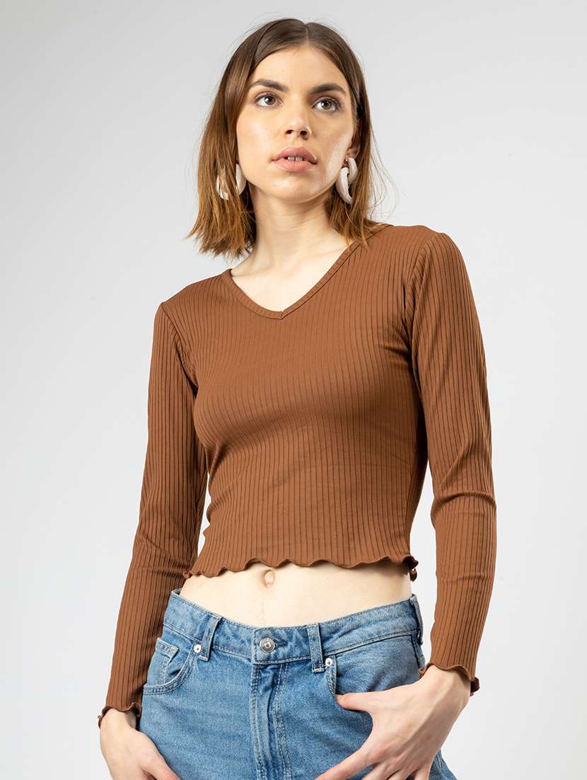 women solid long sleeves crop top