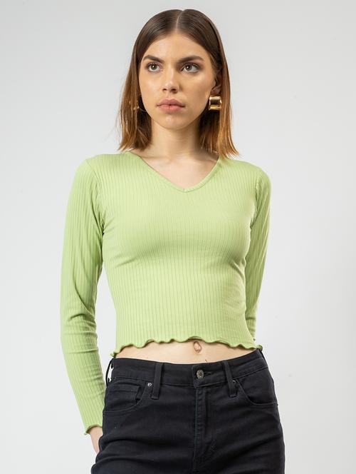 women solid long sleeves crop top - 21452722 - Standard Image - 0