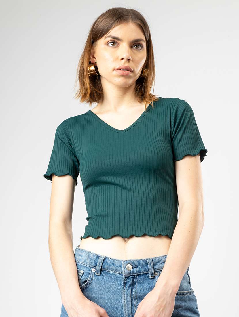 women solid short sleeves crop top