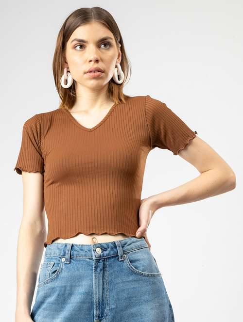 Women Solid Short Sleeves Crop Top
