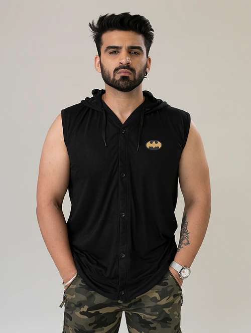 Men Solid Sleeveless Hooded T Shirt