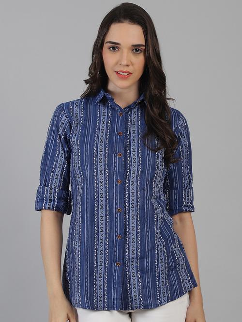women blue cotton regular shirt - 21454641 - Standard Image - 0