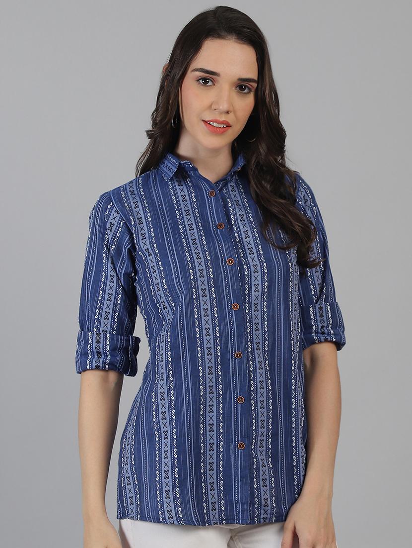 women blue cotton regular shirt - 21454641 - Standard Image - 2