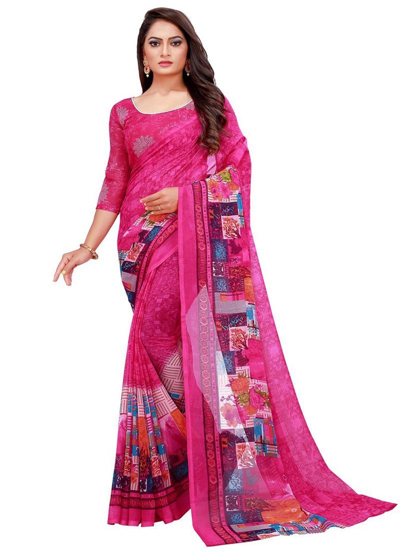 women pink printed georgette saree with blouse - 21455171 -  Zoom Image - 0