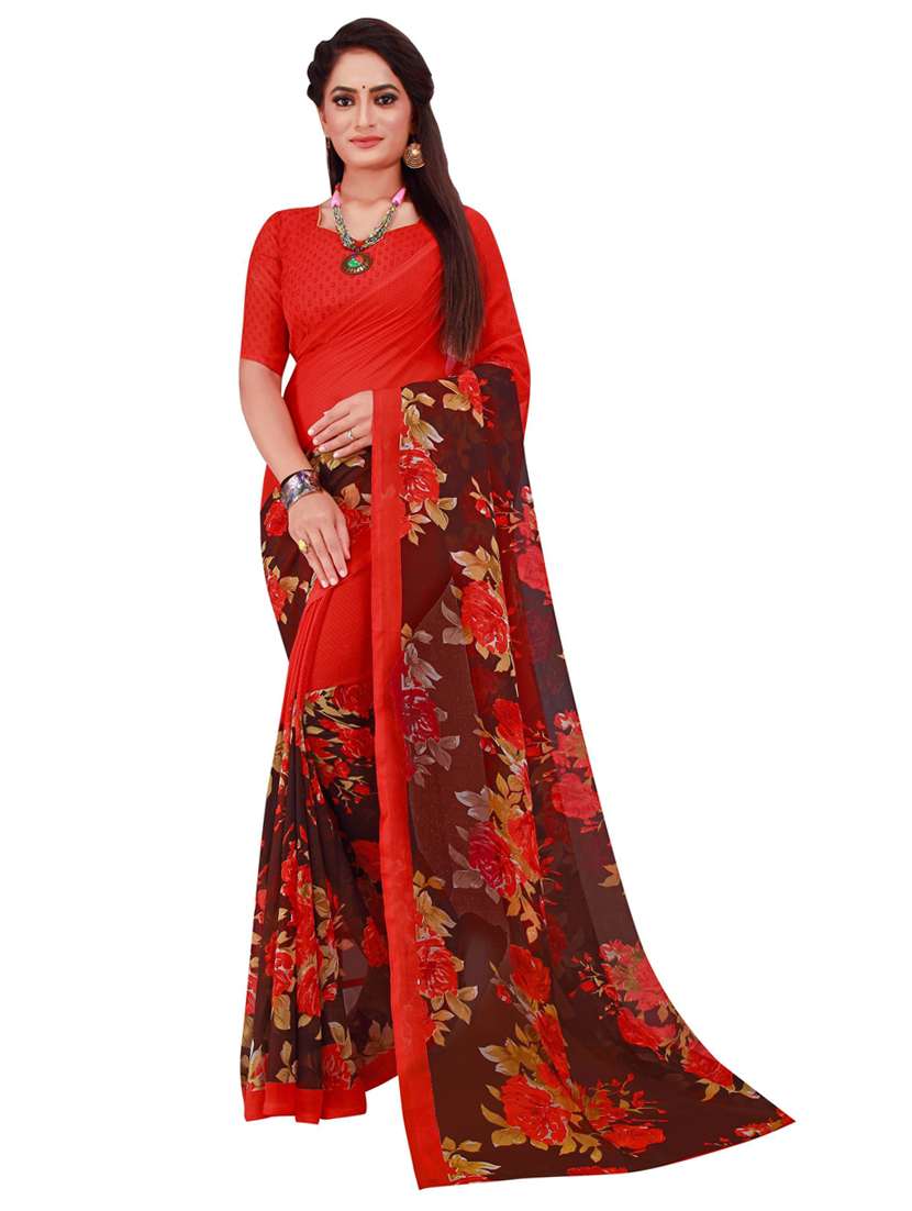 women red printed saree with blouse