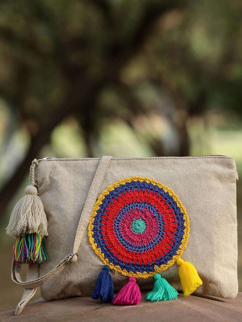 women off-white embroidered sling bag