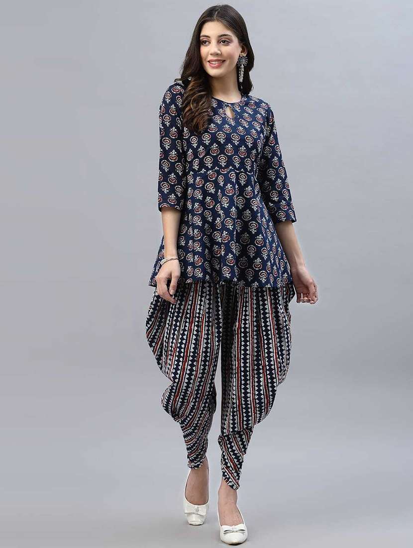 women blue floral printed dhoti kurta set