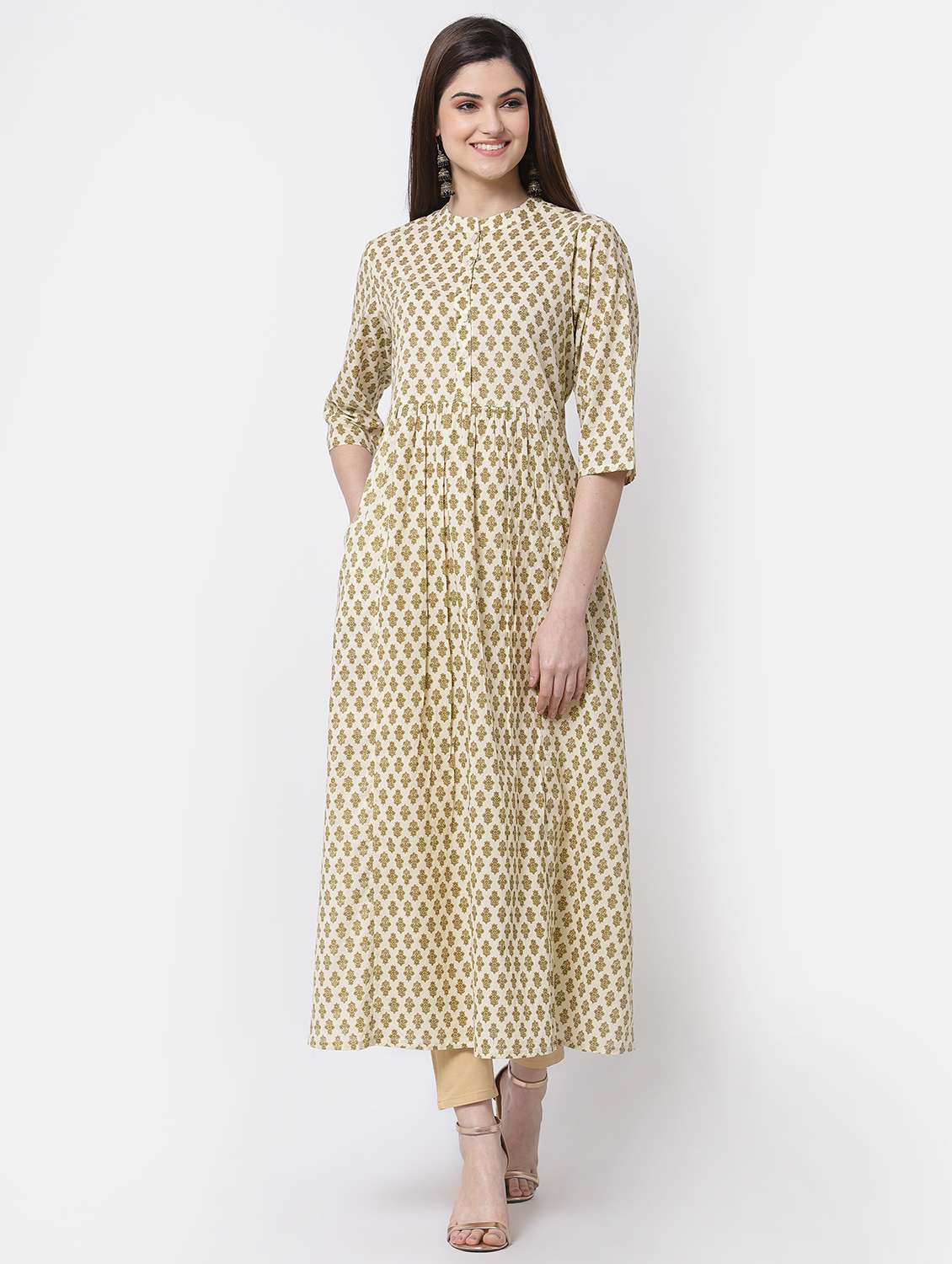 women beige floral printed a-line kurta
