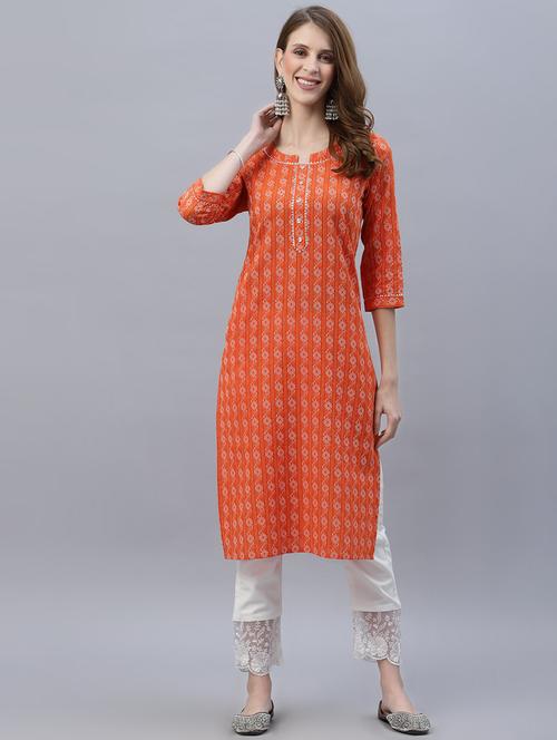 women orange mandarin neck straight kurta - 21458039 - Standard Image - 0