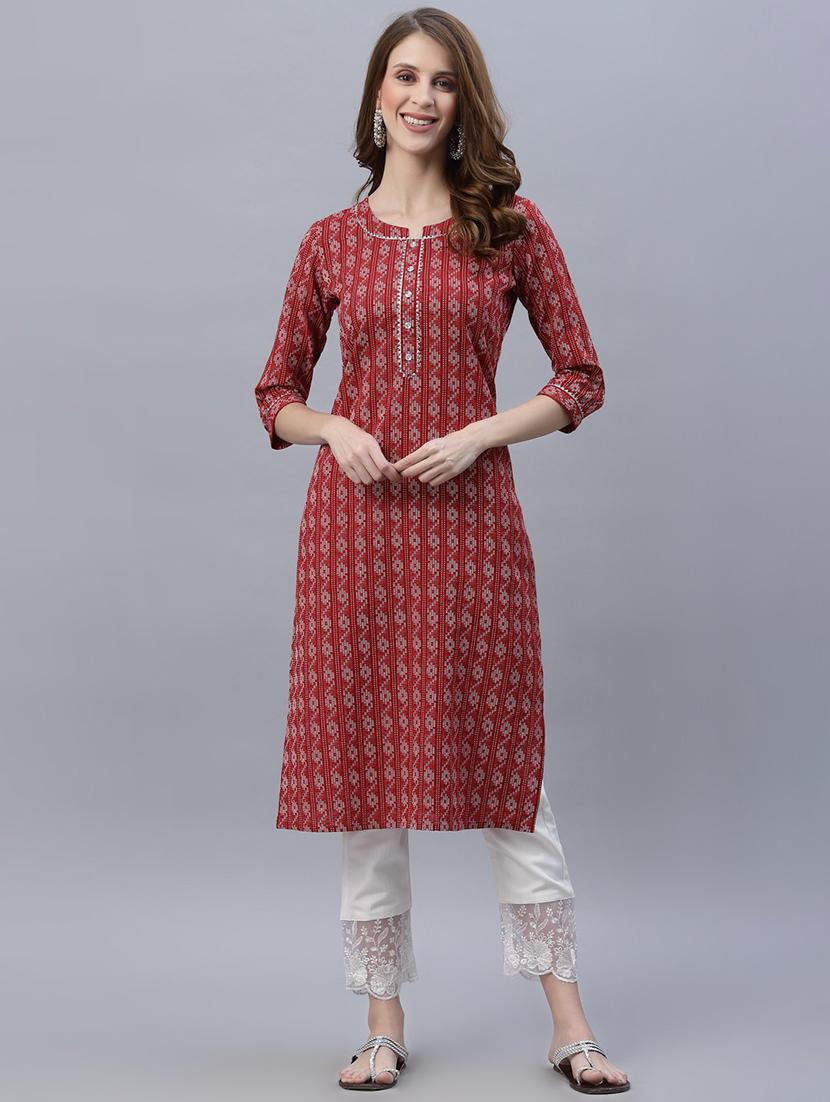women red mandarin neck straight kurta - 21458041 -  Zoom Image - 0