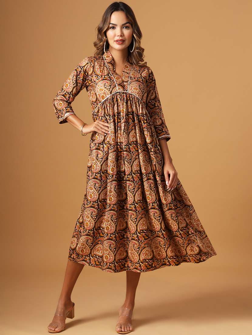 women brown printed v neck flared dress