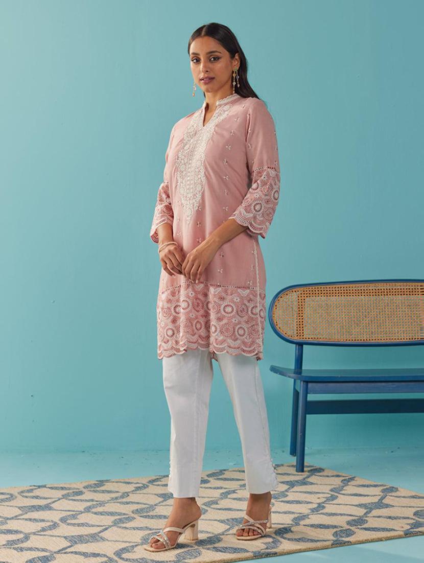 women peach three quarter sleeve straight kurta - 21458881 - Standard Image - 2