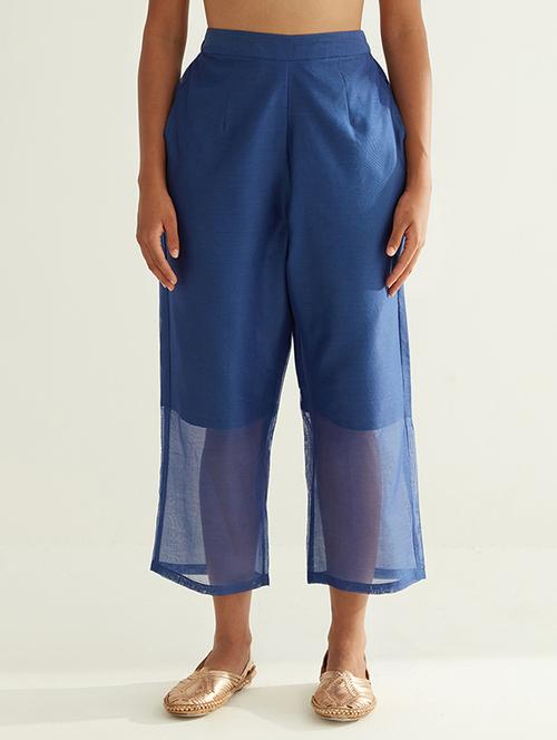women blue cotton blend wide leg trouser - 21459935 - Standard Image - 0