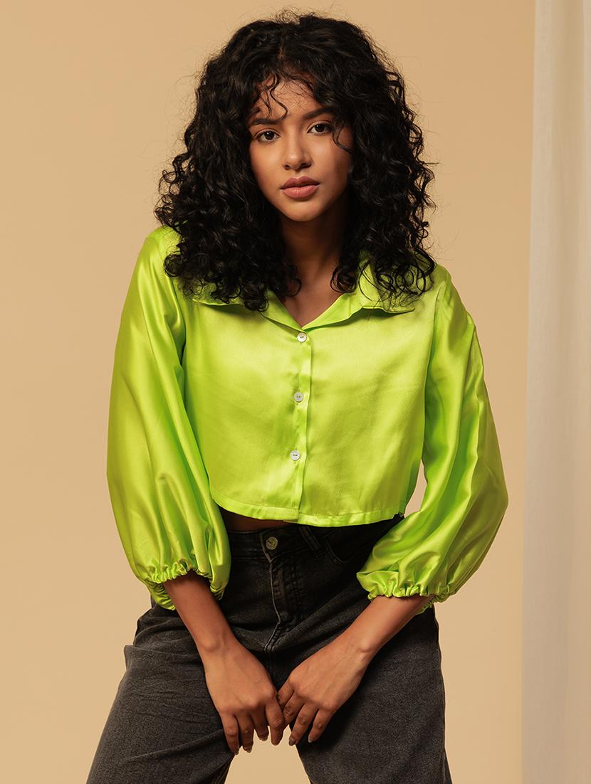 women solid puff sleeve crop shirt - 21460075 - Zoom Image - 0