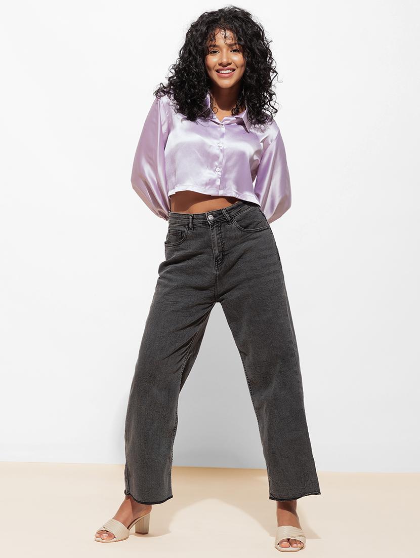 women solid puff sleeve crop shirt - 21460076 - Standard Image - 2