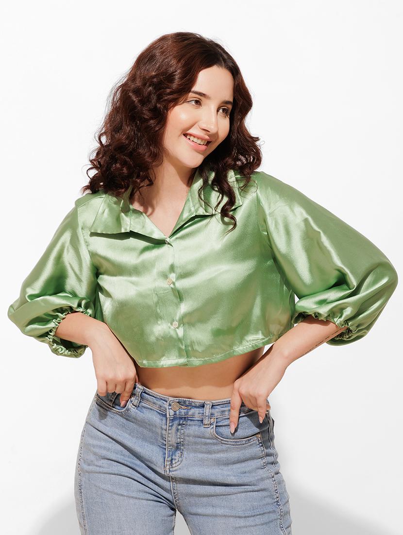 women solid puff sleeve crop shirt - 21460077 -  Zoom Image - 0