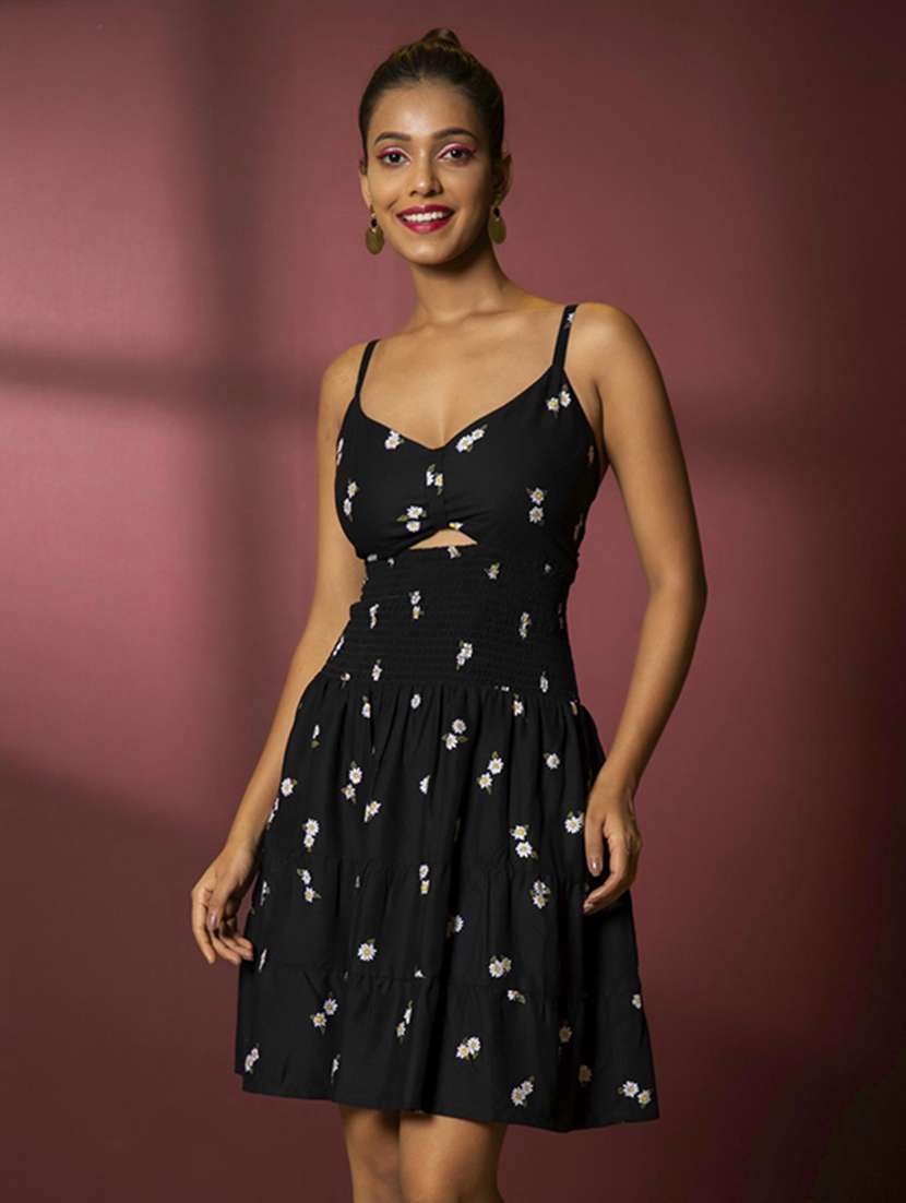 women black floral printed fit & flare dress