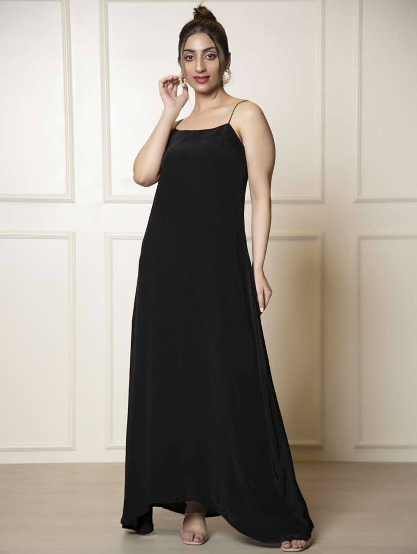 women black solid a-line dress
