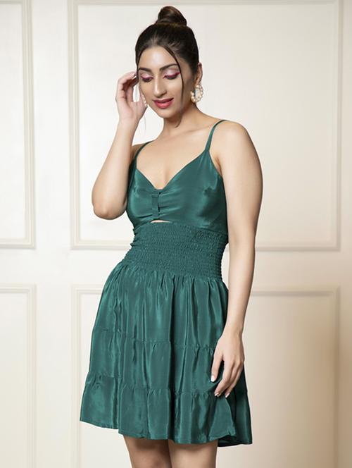 women teal green crepe fit & flare dress - 21460113 -  Standard Image - 0