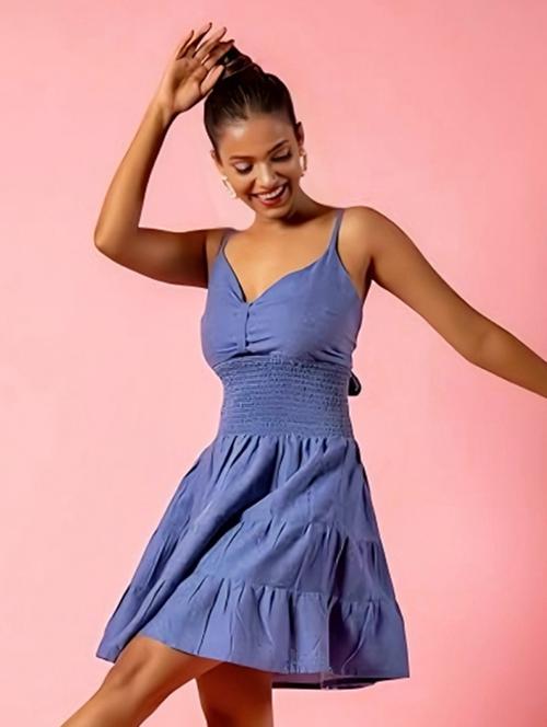 women blue cotton fit & flare dress - 21460114 - Standard Image - 0