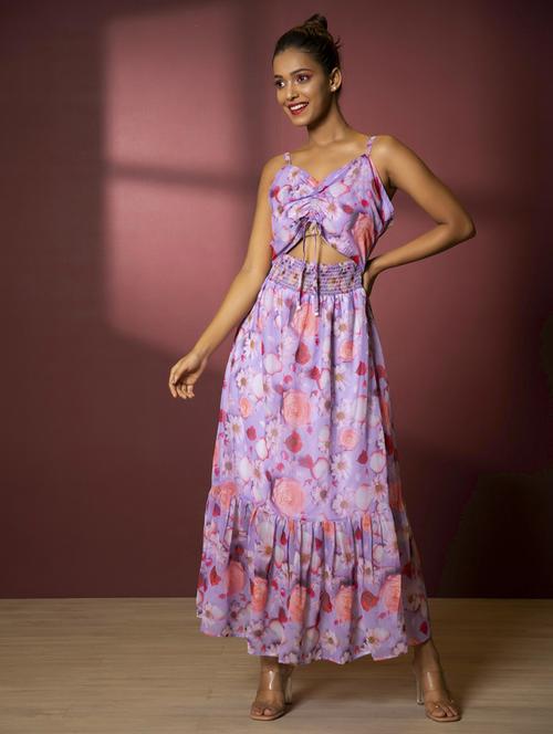 women purple floral printed tiered dress - 21460116 - Standard Image - 0