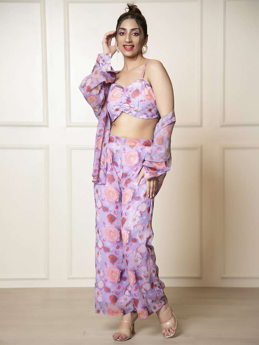 Women Purple Floral Printed Top And Palazzos Co Ord Set