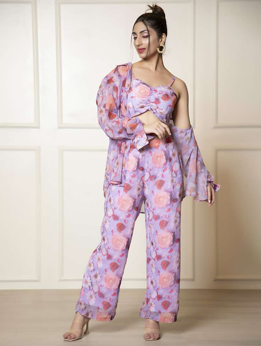 Women Purple Floral Printed Top And Palazzos Co Ord Set