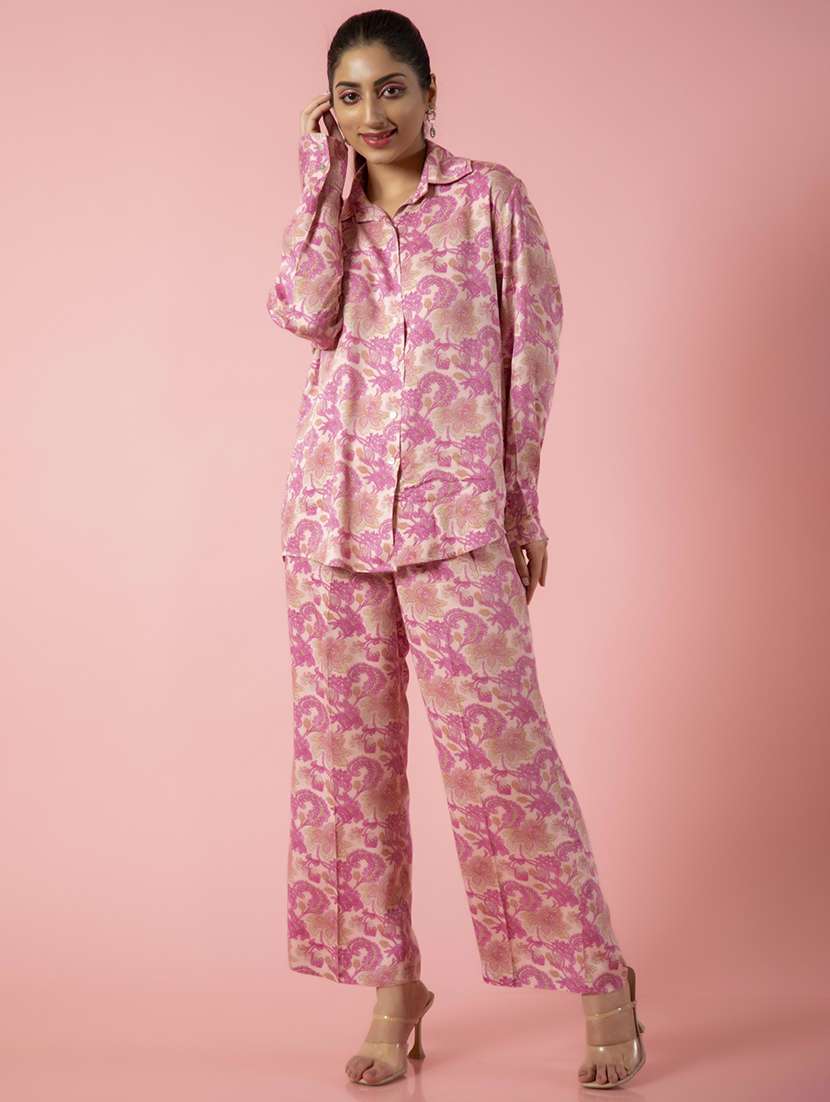 women pink cotton blend shirt and trouser co-ord set