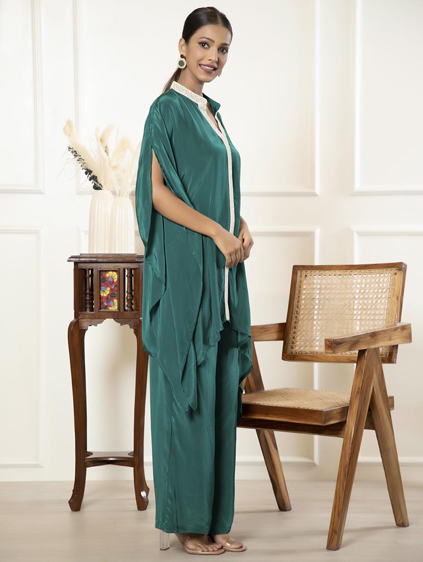 women green solid top and trouser co-ord set - 21460144 - Standard Image - 2