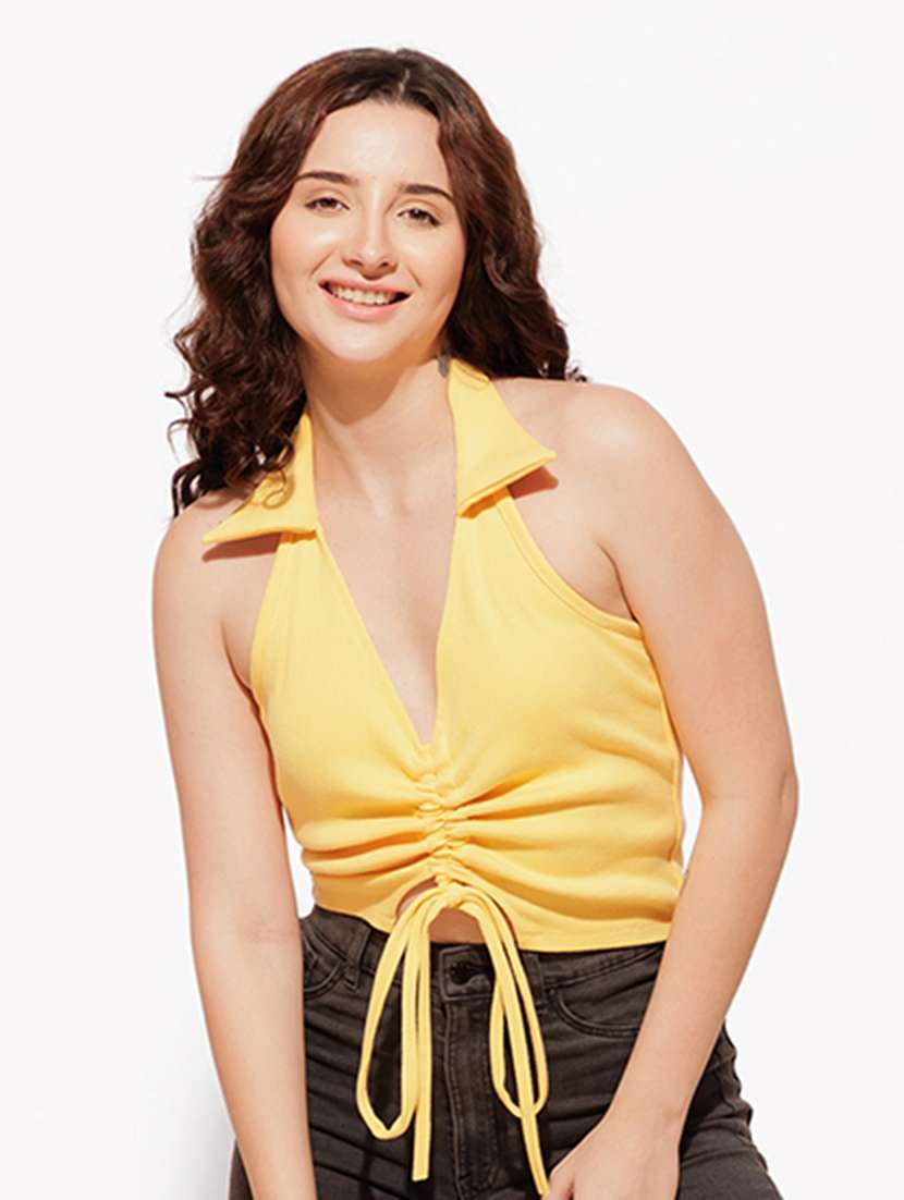 women yellow cotton crop top - 21460149 - Standard Image - 2