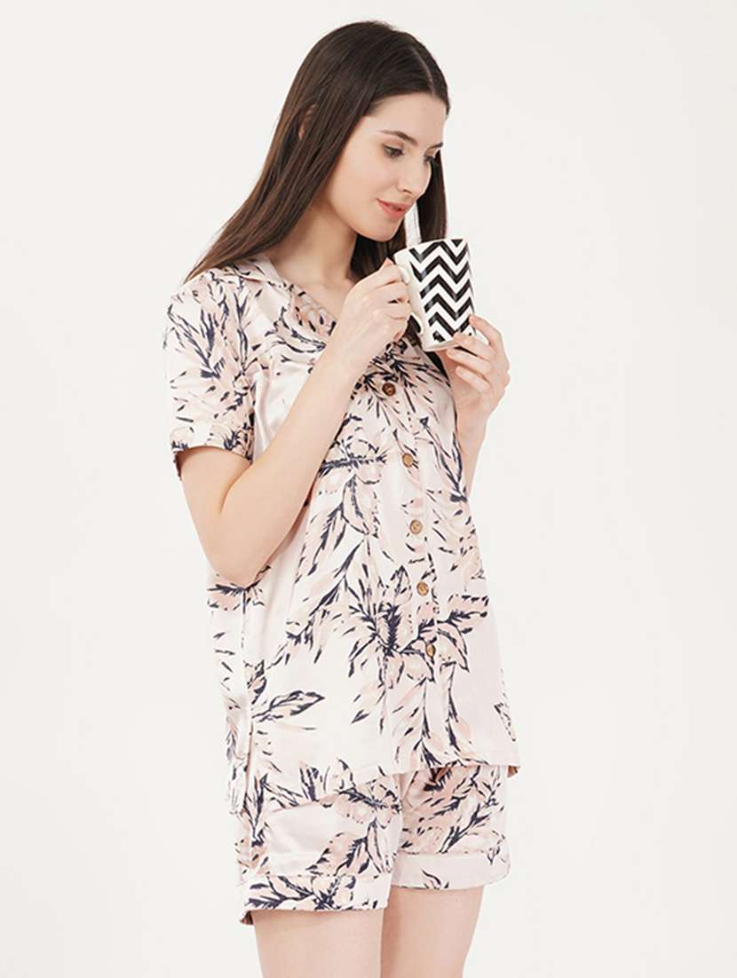 women cream printed satin shorts nightwear set  - 21460229 -  Standard Image - 2