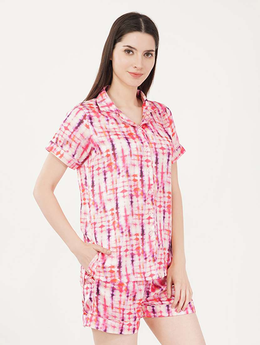 women pink tie & dye shorts nightwear set - 21460233 - Standard Image - 2