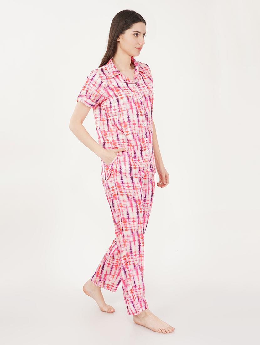 women pink satin pyjama nightwear set - 21460235 - Standard Image - 2