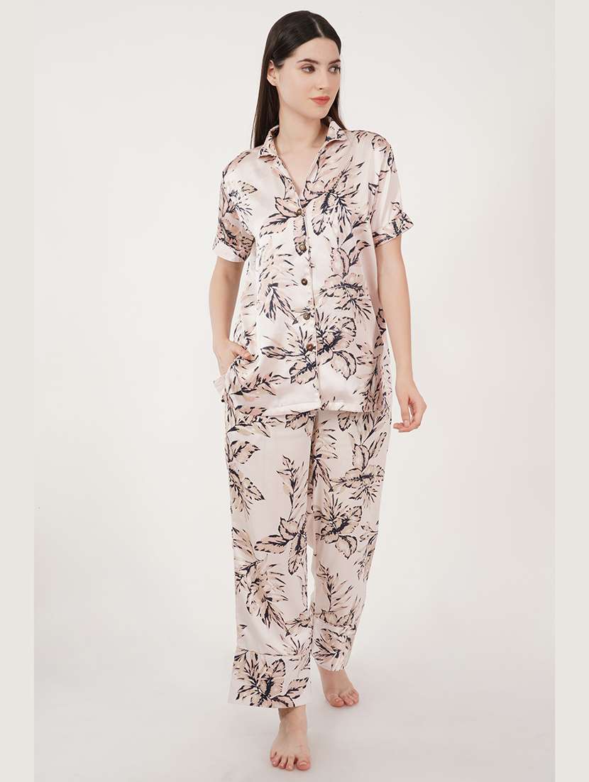 women beige satin pyjama nightwear set