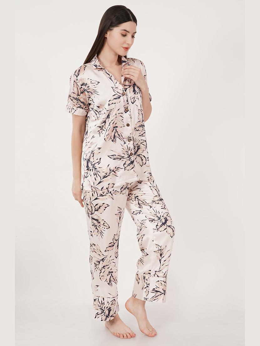 women beige satin pyjama nightwear set - 21460238 - Standard Image - 2