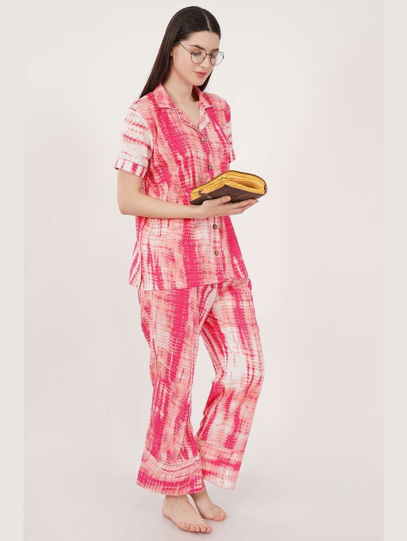 women pink tie & dye pyjama nightwear set - 21460239 -  Standard Image - 2